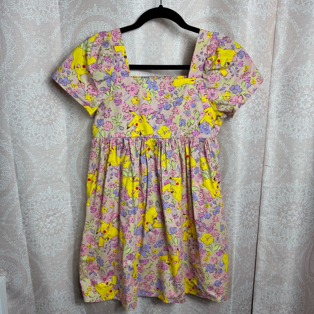 Floral Pikachu Kids A-Line Short Sleeve Smock Dress Cotton Size Girls XL (14)